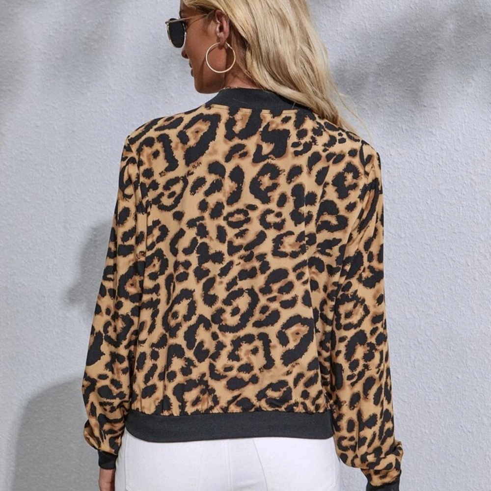 Bomber jacket leopard animal print glam tan black - Picture 2 of 2